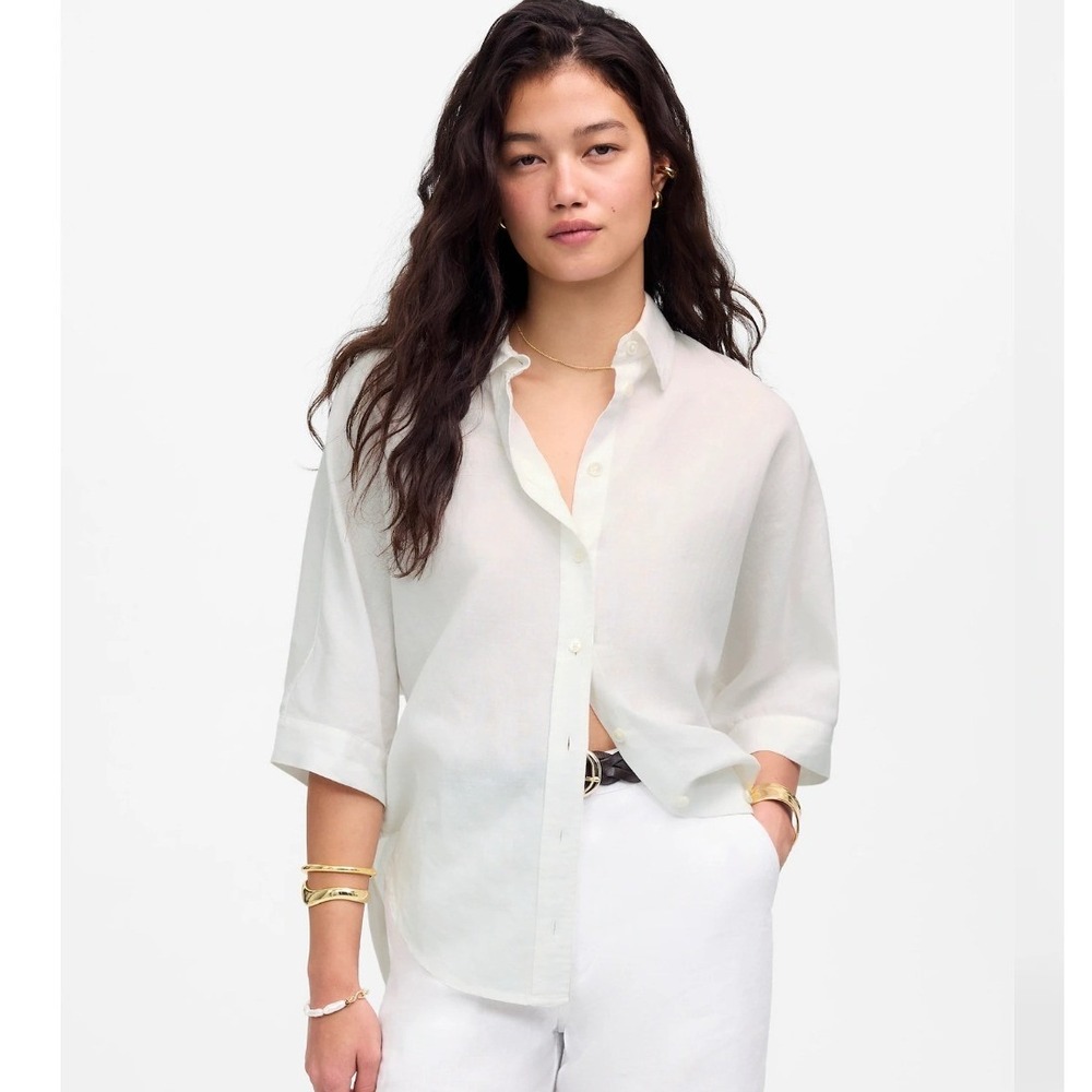 Madewell White Linen Blend Oversized Beachy Button Front Shirt High Low Hem L
